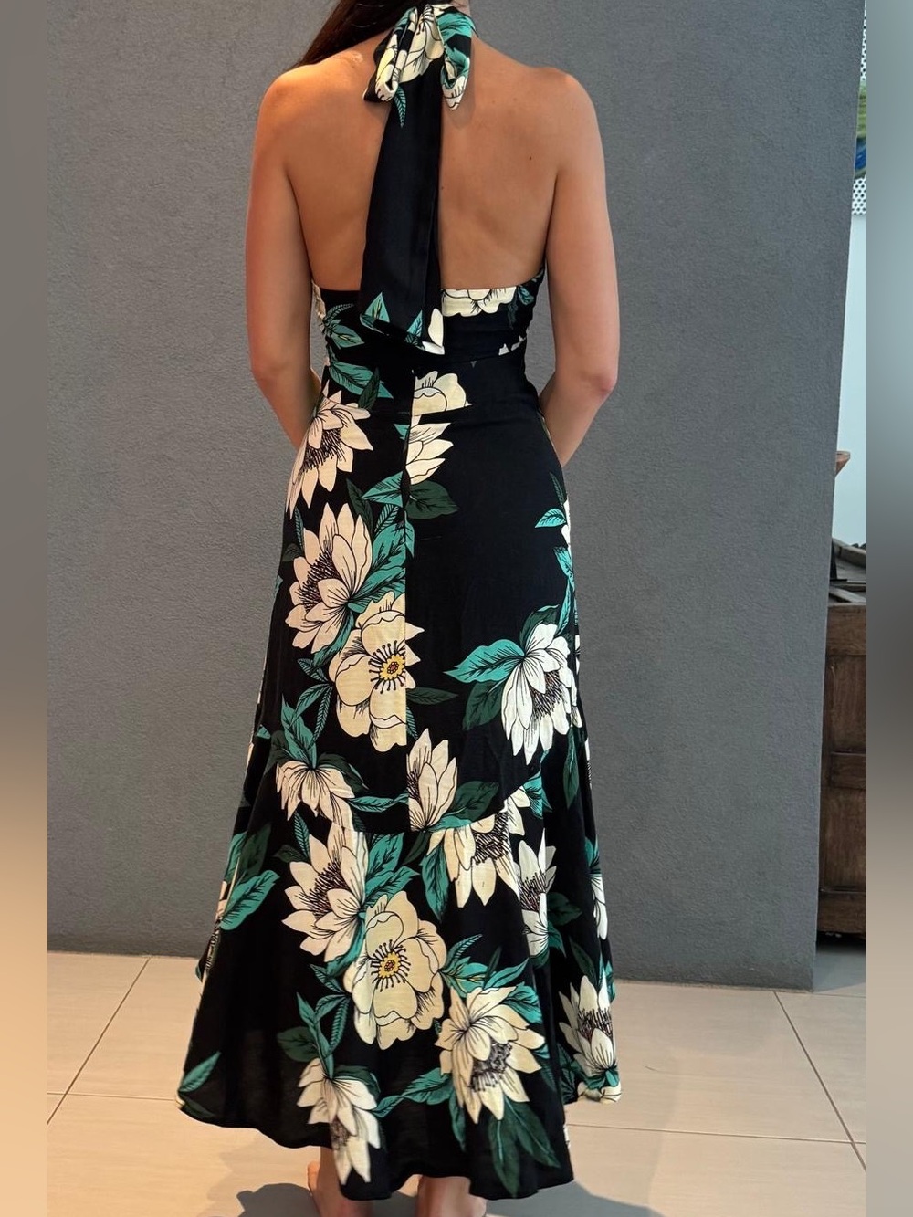 FARM Rio Black Floral Halter Maxi Dress with Cream & Teal Leaves - Picture 2 of 2